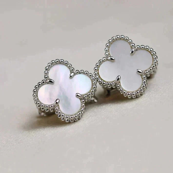 Clover Medium White Mop Motif Silver Earrings