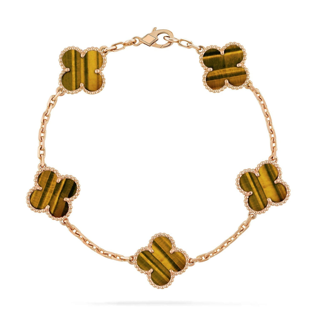 CLOVER 5 MOTIVER TIGERØYE ARMBÅND" can be rewritten as "CLOVER 5-Design Tiger Eye Bracelet.