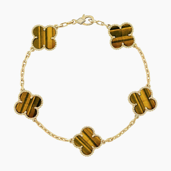 CLOVER 5 MOTIVER TIGERØYE ARMBÅND" can be rewritten as "CLOVER 5-Design Tiger Eye Bracelet.